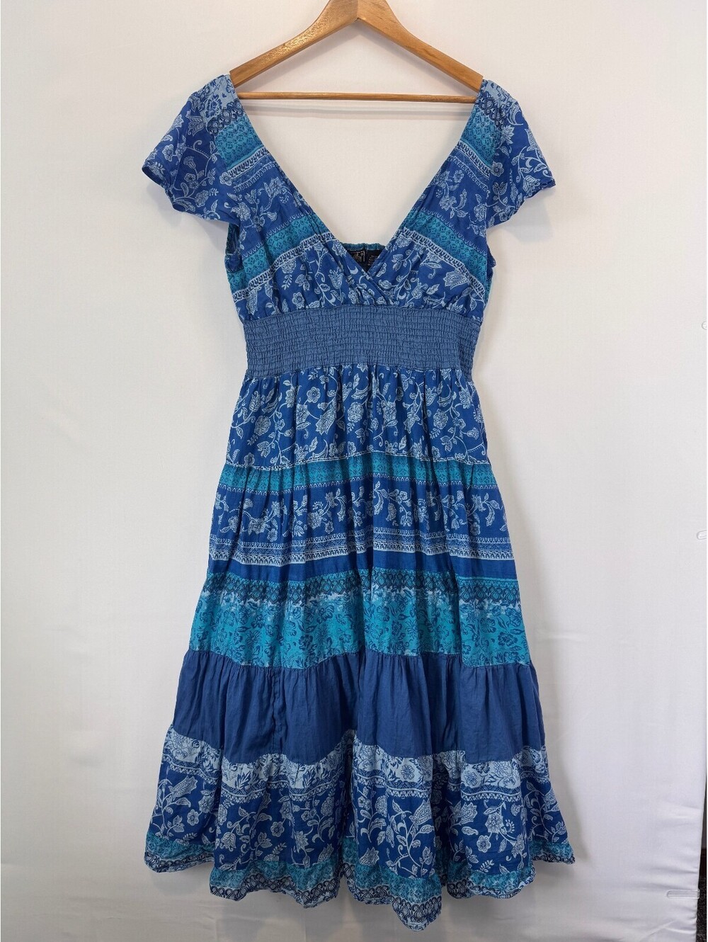 Vintage 90s Blue Cotton Boho Floral Smocked Empire Waist Midi Dress Size XL - Picture 2 of 8